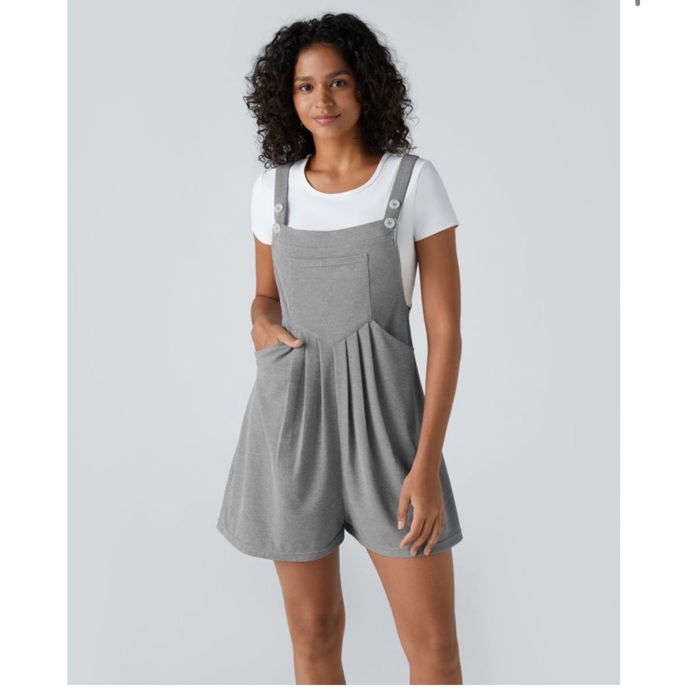 Halara Grey Waffle Knit Overall Shorts Shortalls Button Straps Large NWOT